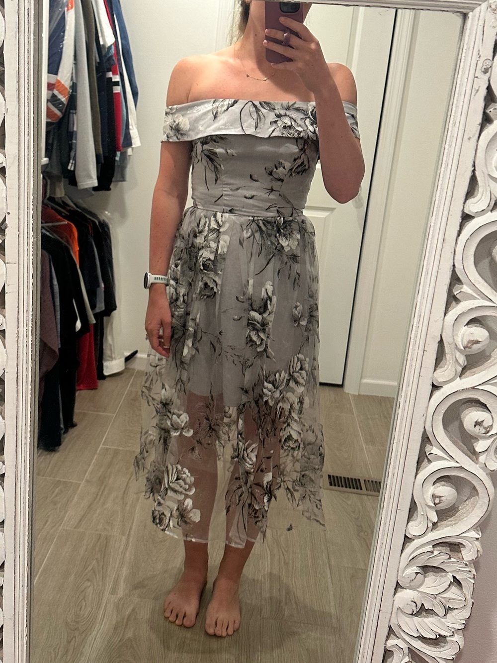 ASOS Gray Floral One-Shoulder Midi Dress